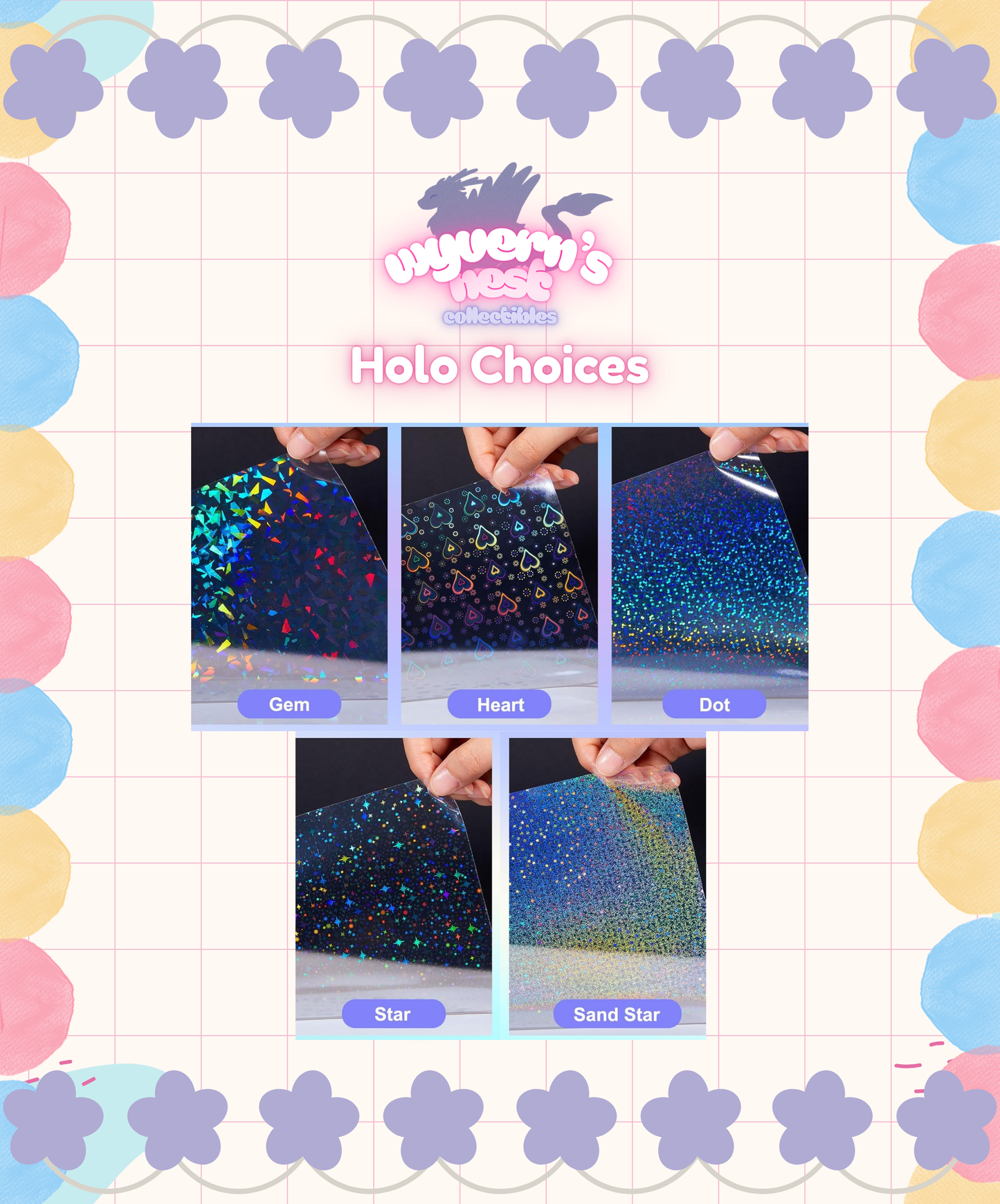 Holographic vinyl choices with 'Wyvern's Nest' branding on a colorful background.