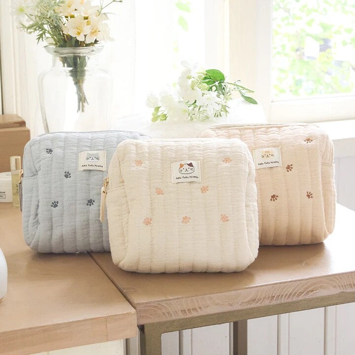 Cosmetic Pouch - Embroidered Paw Print Soft Cotton  - Fuku Fuku Nyanko