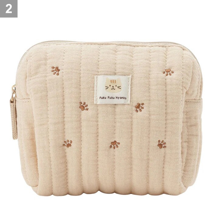 Cosmetic Pouch - Embroidered Paw Print Soft Cotton  - Fuku Fuku Nyanko