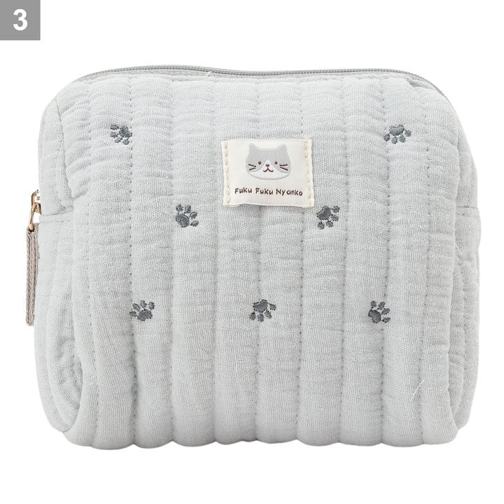 Cosmetic Pouch - Embroidered Paw Print Soft Cotton  - Fuku Fuku Nyanko