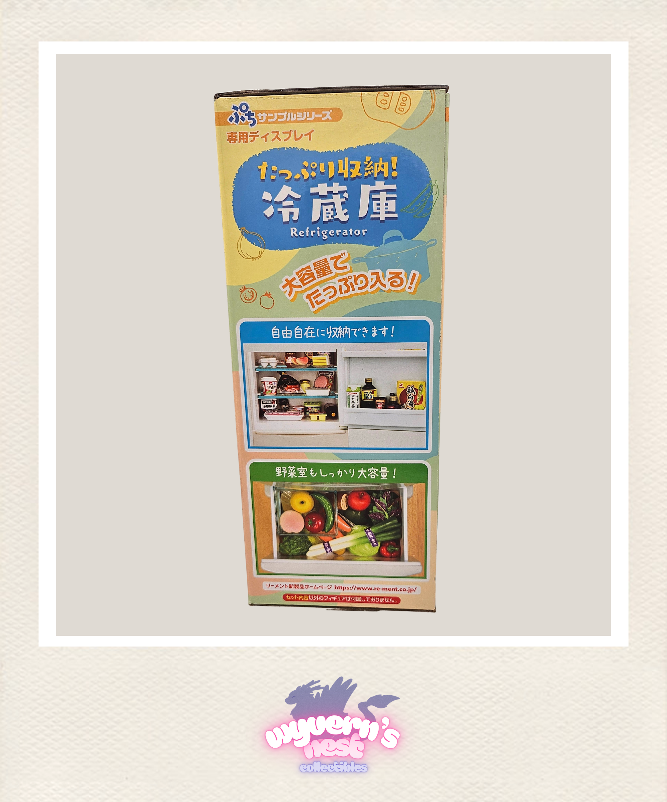 Product packaging for a refrigerator with images of food and text on a white background