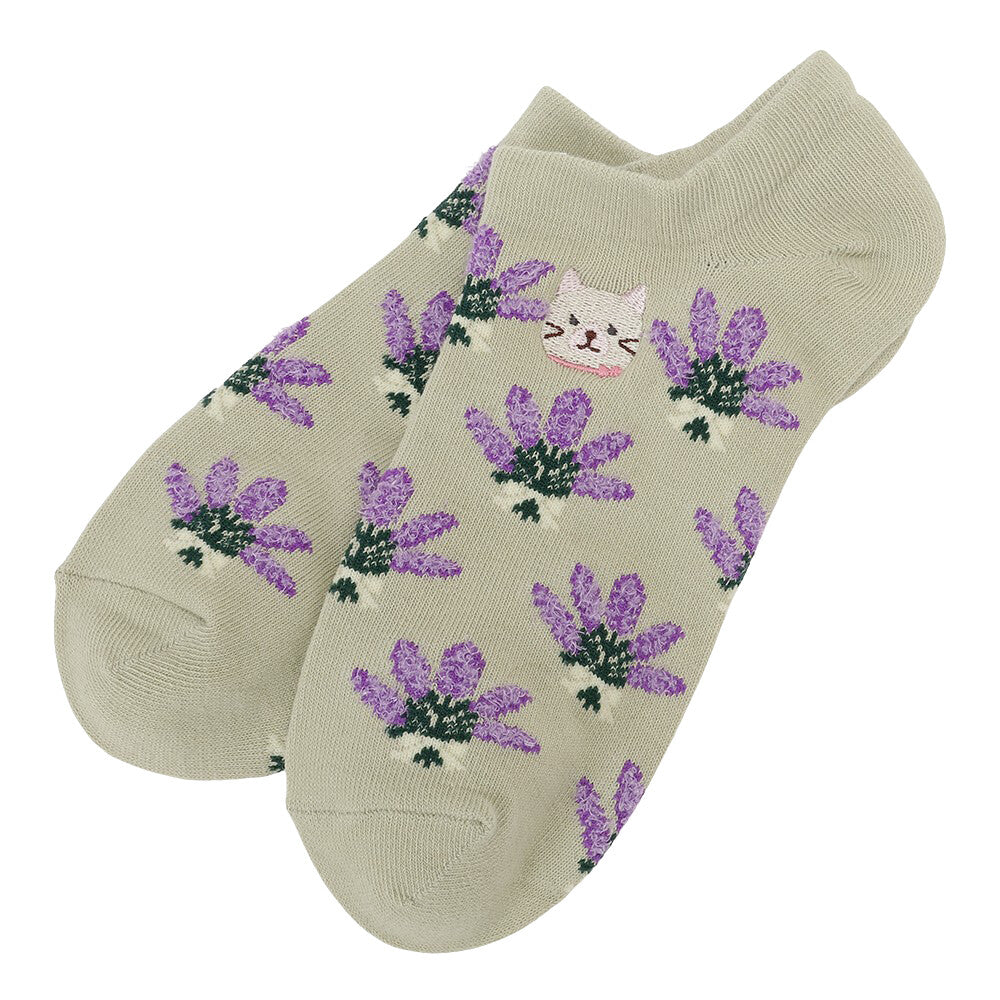 Ankle Socks - Embroidered Flowers and Cat - Fuku Fuku Nyanko