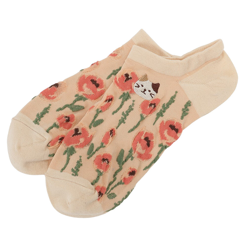 Ankle Socks - Embroidered Flowers and Cat - Fuku Fuku Nyanko