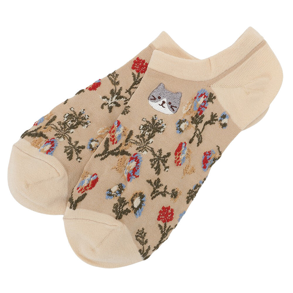 Ankle Socks - Embroidered Flowers and Cat - Fuku Fuku Nyanko