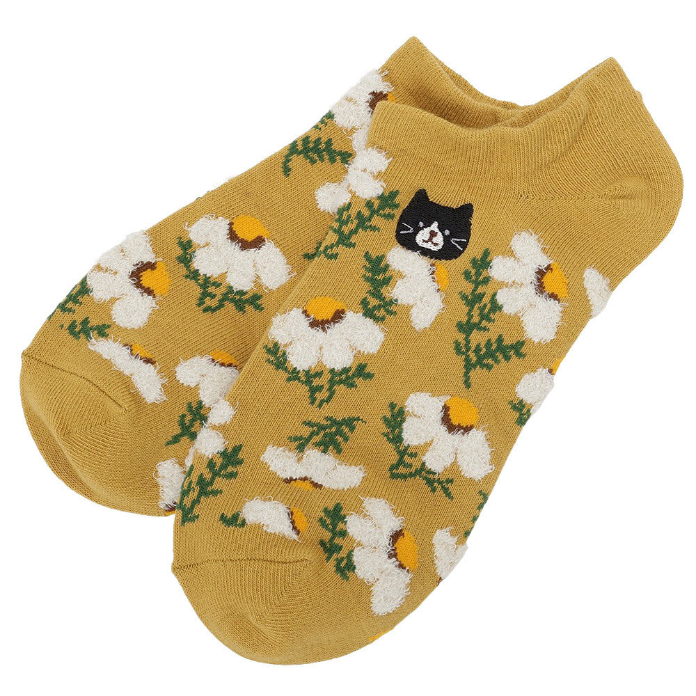 Ankle Socks - Embroidered Flowers and Cat - Fuku Fuku Nyanko