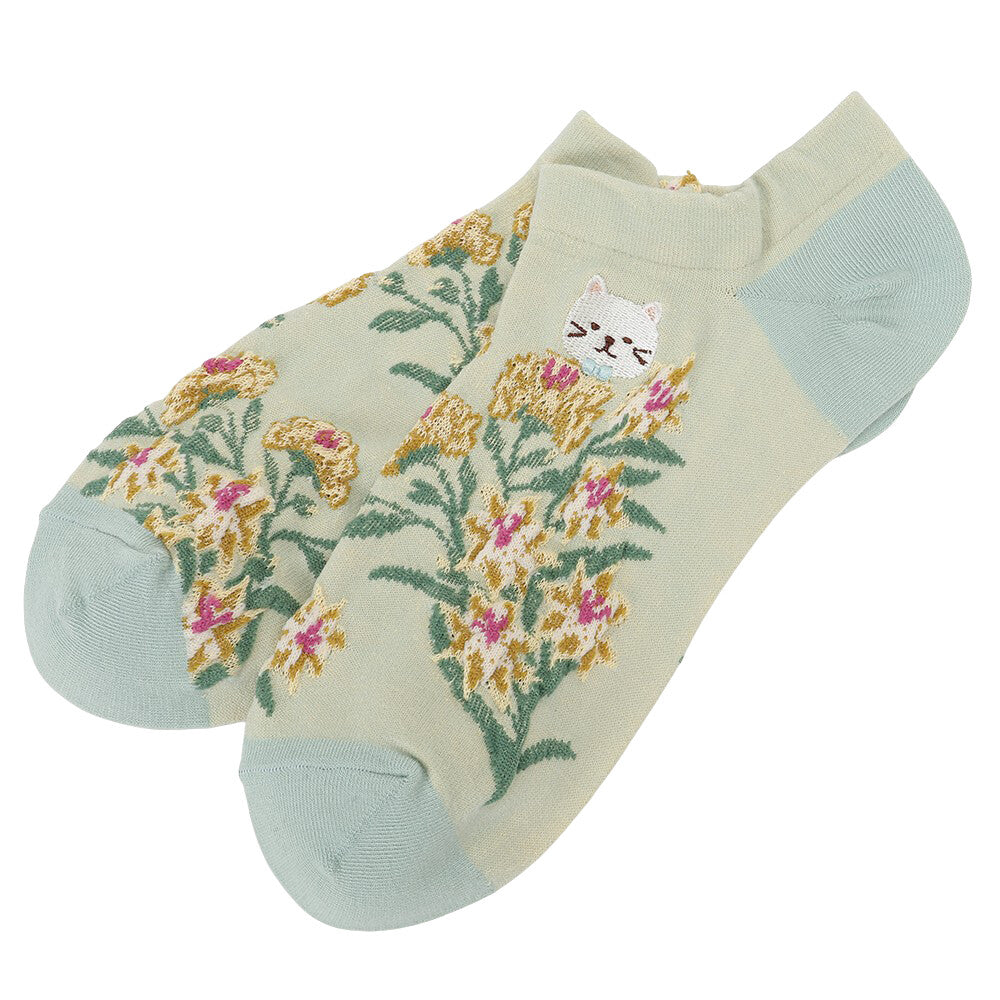 Ankle Socks - Embroidered Flowers and Cat - Fuku Fuku Nyanko