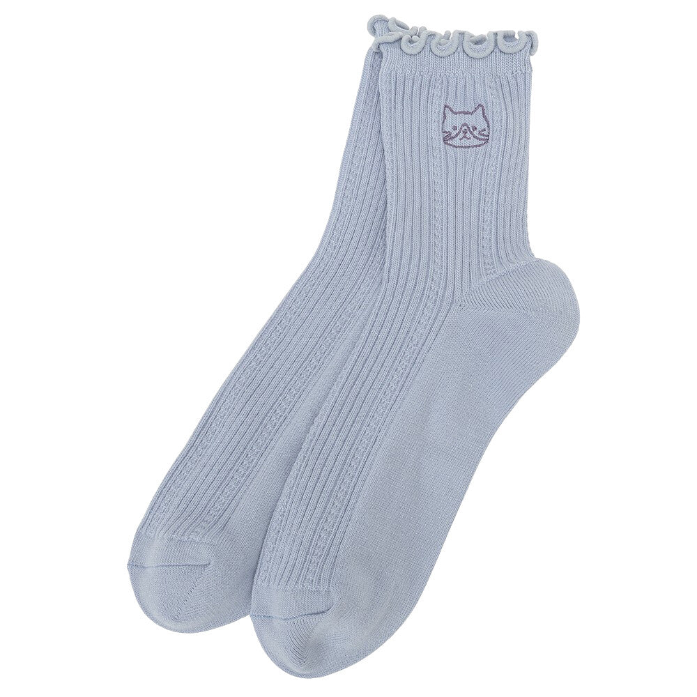 Crew Socks - Embroidered Cat and Frilly Design - Fuku Fuku Nyanko