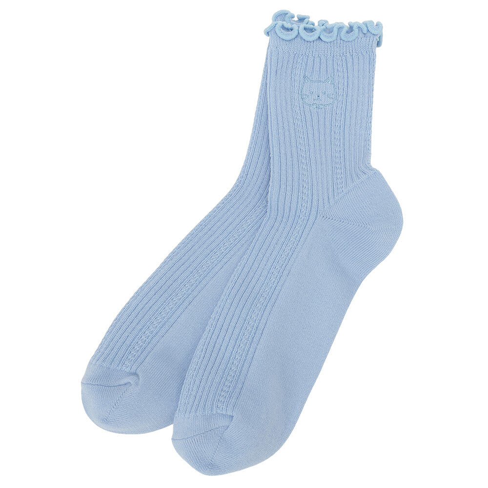 Crew Socks - Embroidered Cat and Frilly Design - Fuku Fuku Nyanko