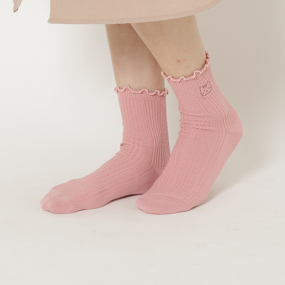 Crew Socks - Embroidered Cat and Frilly Design - Fuku Fuku Nyanko
