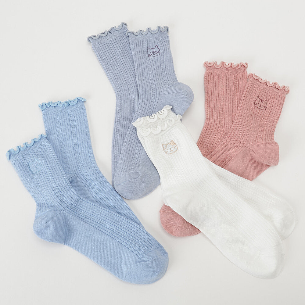 Crew Socks - Embroidered Cat and Frilly Design - Fuku Fuku Nyanko