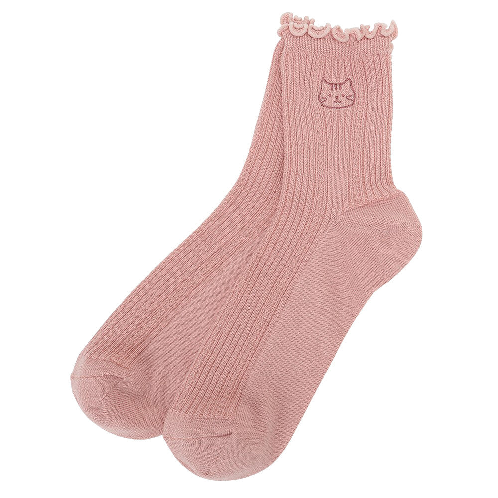 Crew Socks - Embroidered Cat and Frilly Design - Fuku Fuku Nyanko