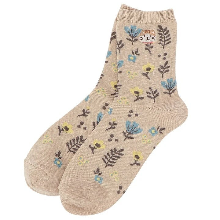 Crew Socks - Flowers and Cat Pattern - Fuku Fuku Nyanko