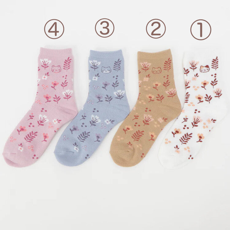 Crew Socks - Flowers and Cat Pattern - Fuku Fuku Nyanko