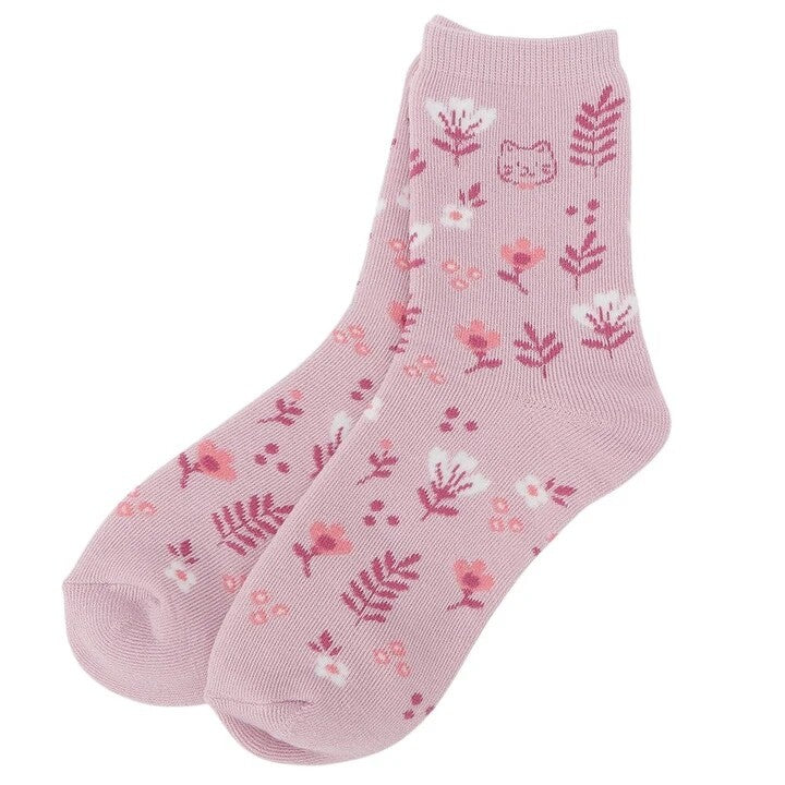 Crew Socks - Flowers and Cat Pattern - Fuku Fuku Nyanko