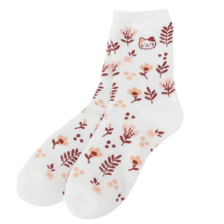 Crew Socks - Flowers and Cat Pattern - Fuku Fuku Nyanko