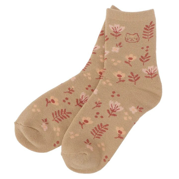 Crew Socks - Flowers and Cat Pattern - Fuku Fuku Nyanko