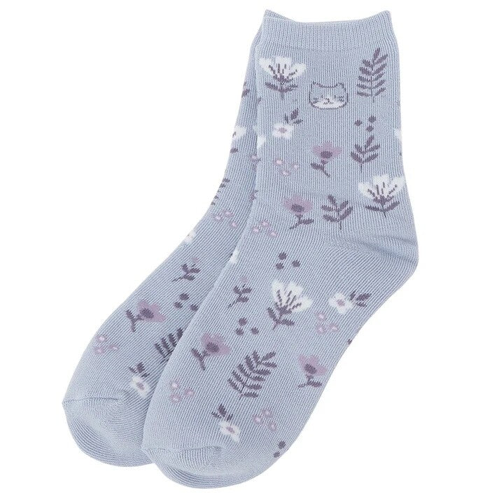 Crew Socks - Flowers and Cat Pattern - Fuku Fuku Nyanko