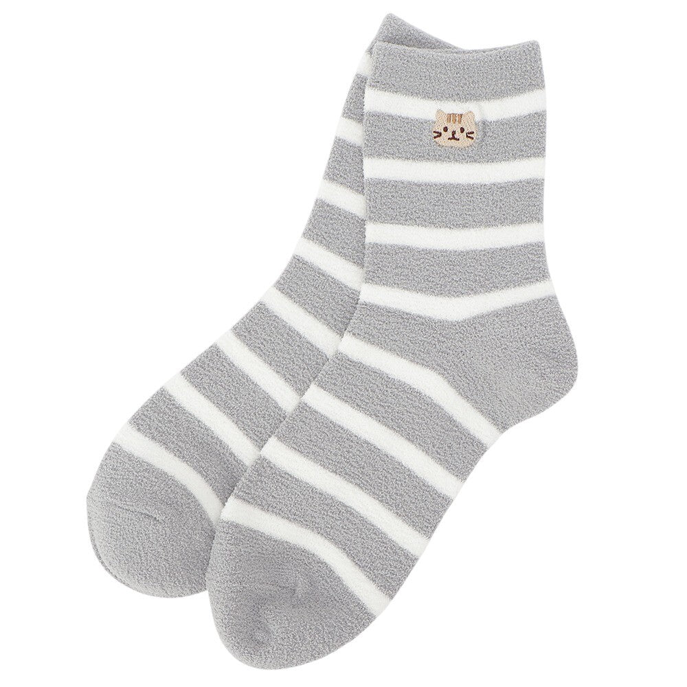 Fuzzy Crew Socks - Embroidered Cat and Stripes Design - Fuku Fuku Nyanko