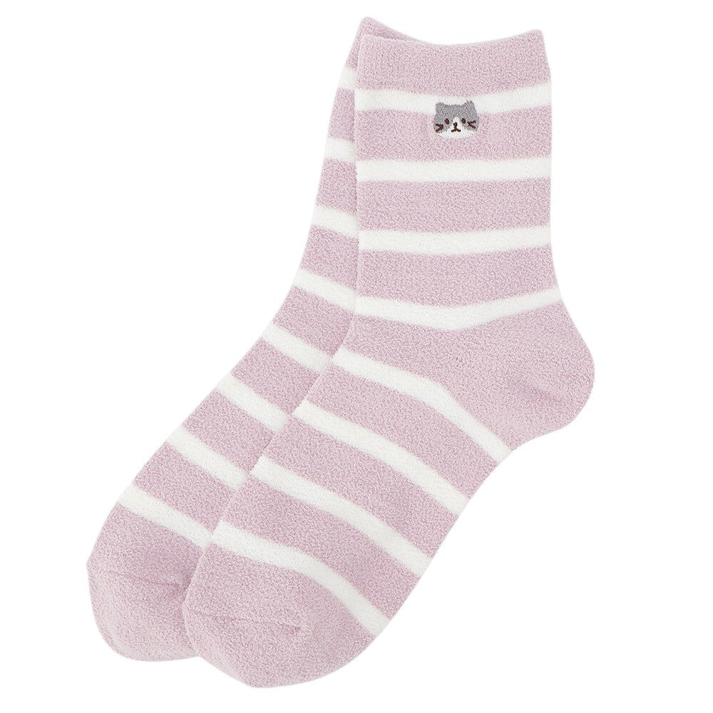 Fuzzy Crew Socks - Embroidered Cat and Stripes Design - Fuku Fuku Nyanko