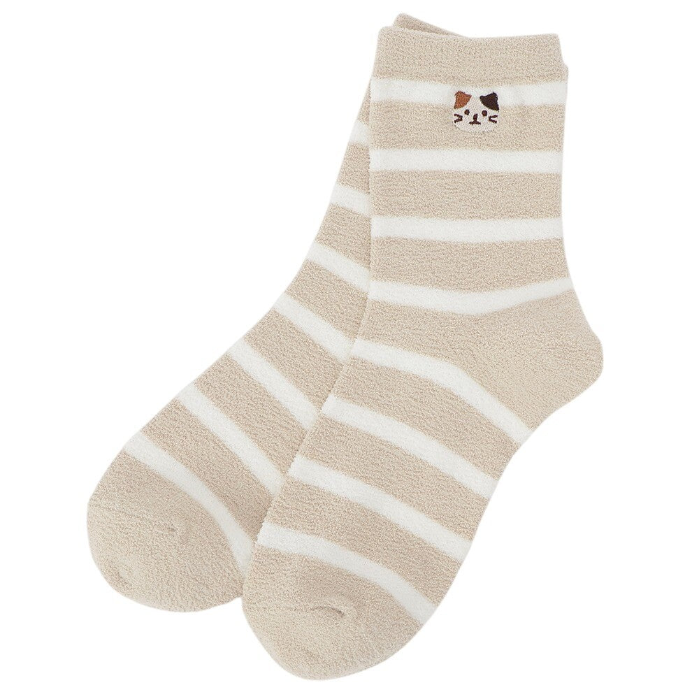 Fuzzy Crew Socks - Embroidered Cat and Stripes Design - Fuku Fuku Nyanko