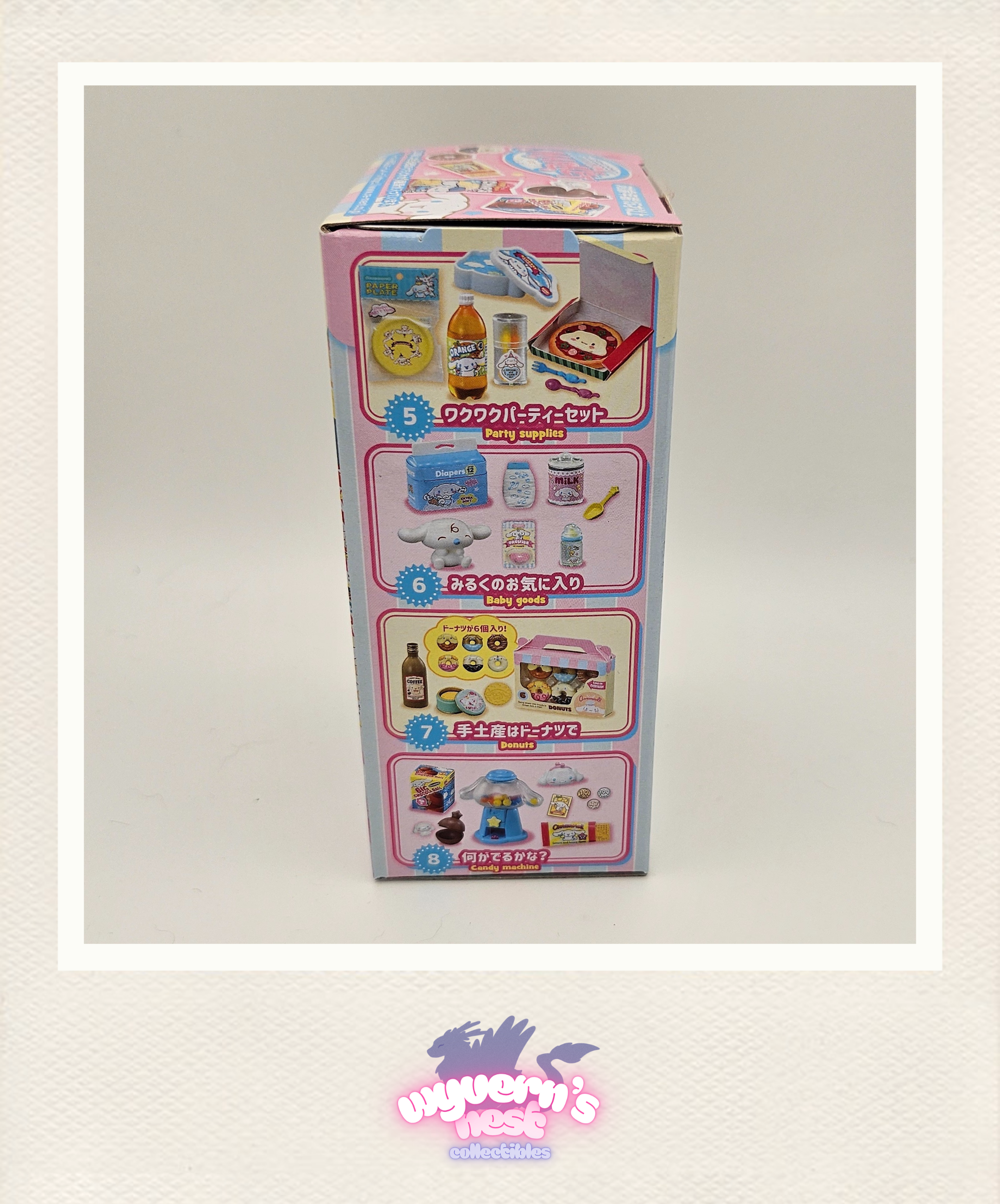 Toy packaging with illustrations of various items on a white background