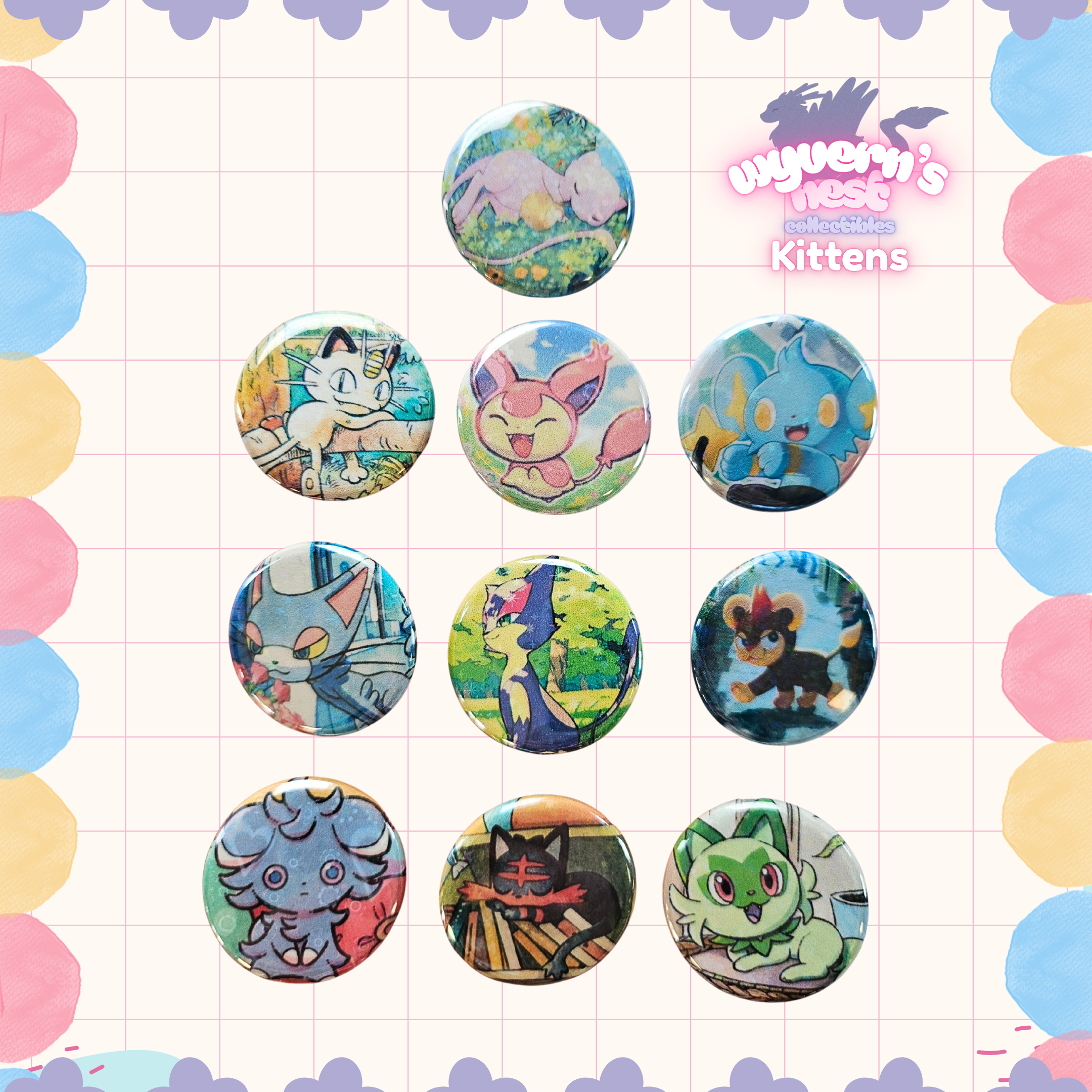 Collection of colorful buttons featuring various characters on a patterned background