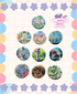 Collection of colorful buttons featuring various characters on a patterned background