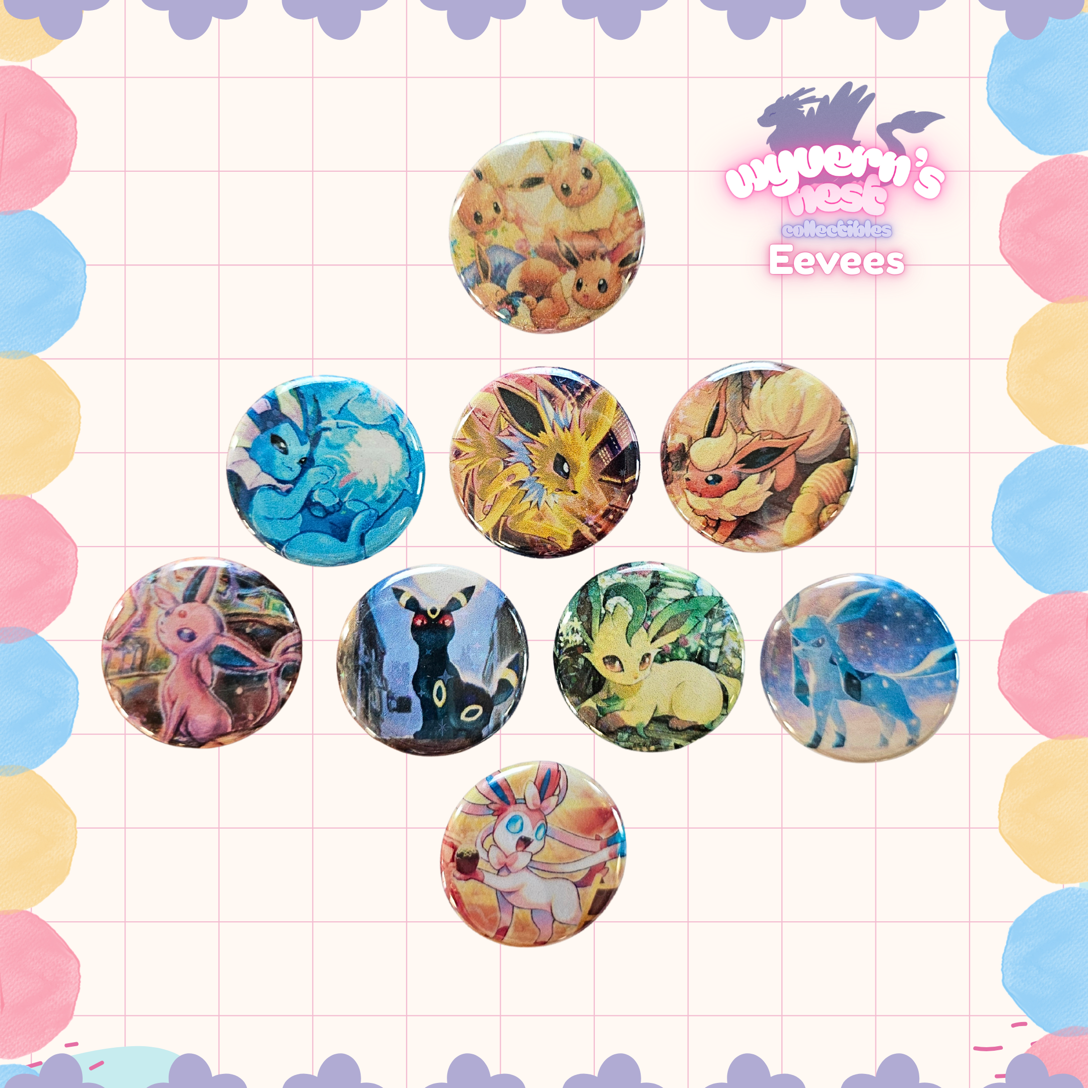 Collection of colorful buttons with cartoon characters on a grid background