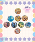 Collection of colorful buttons with cartoon characters on a grid background