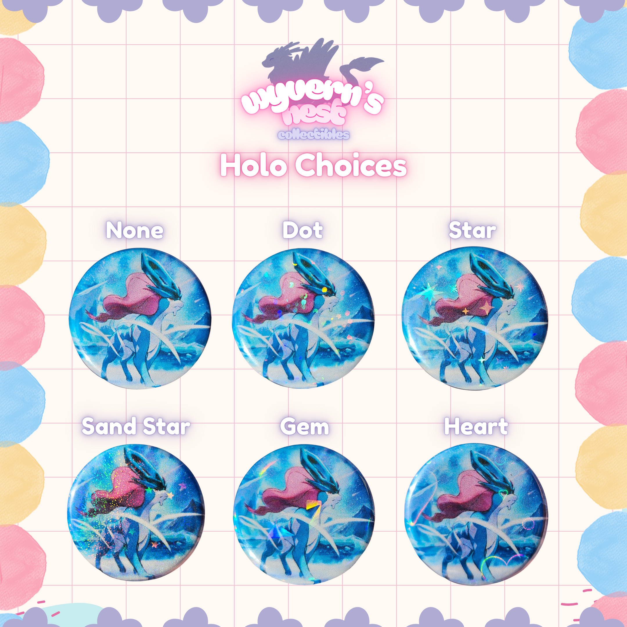 Set of colorful buttons with a cartoon character and 'Holo Choices' text on a decorative background.