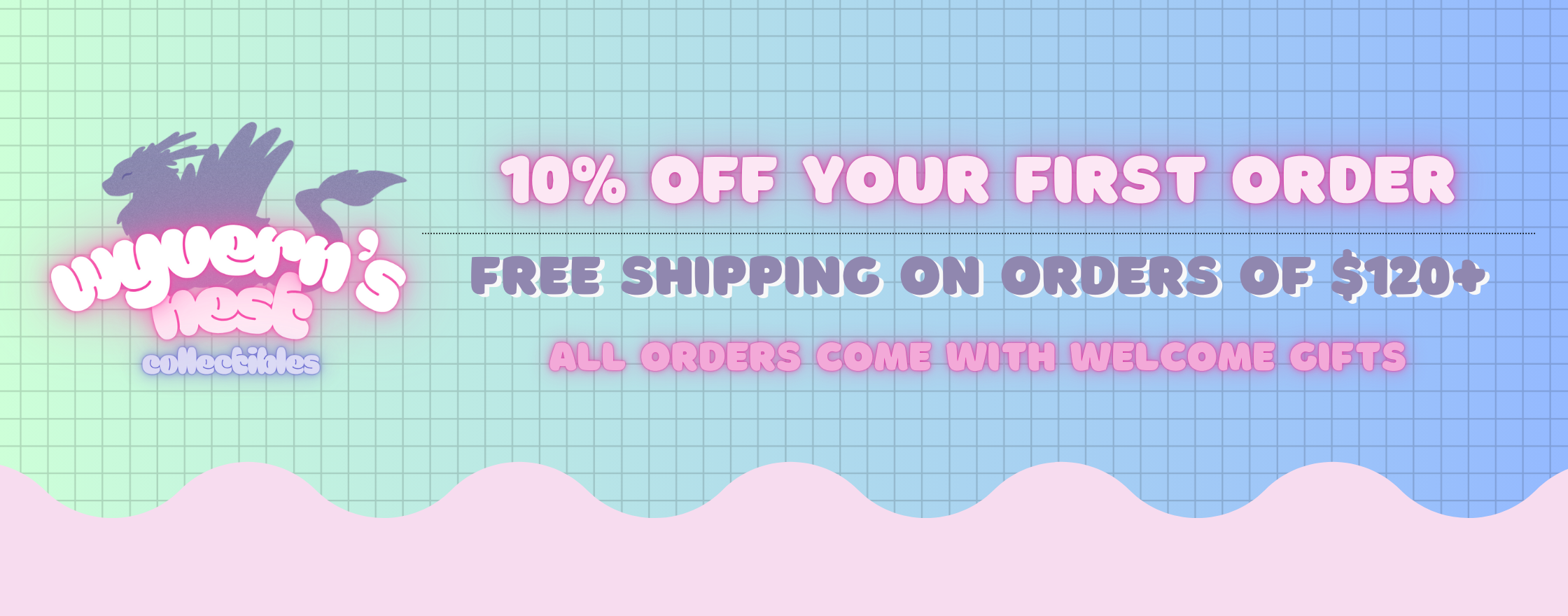 Wyvern's Nest banner with deals on it, blue green background