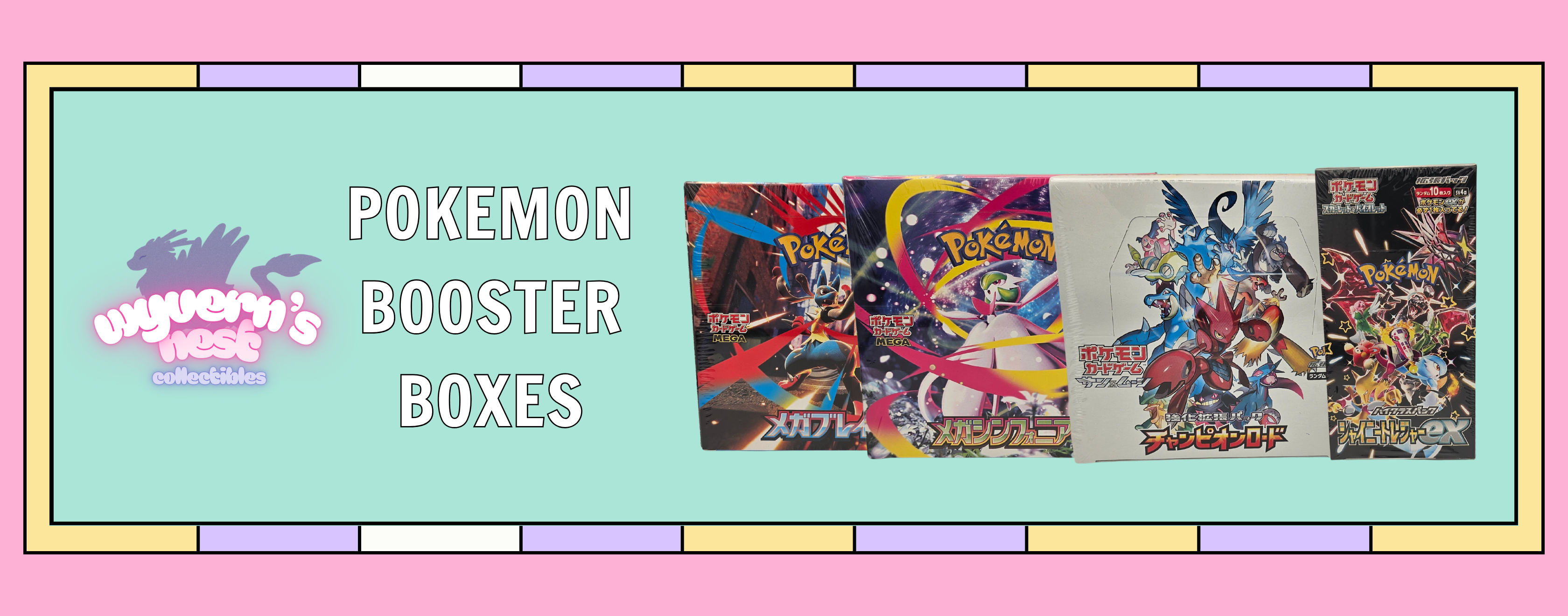 Pokémon booster boxes with Wyern's logo on a colorful border