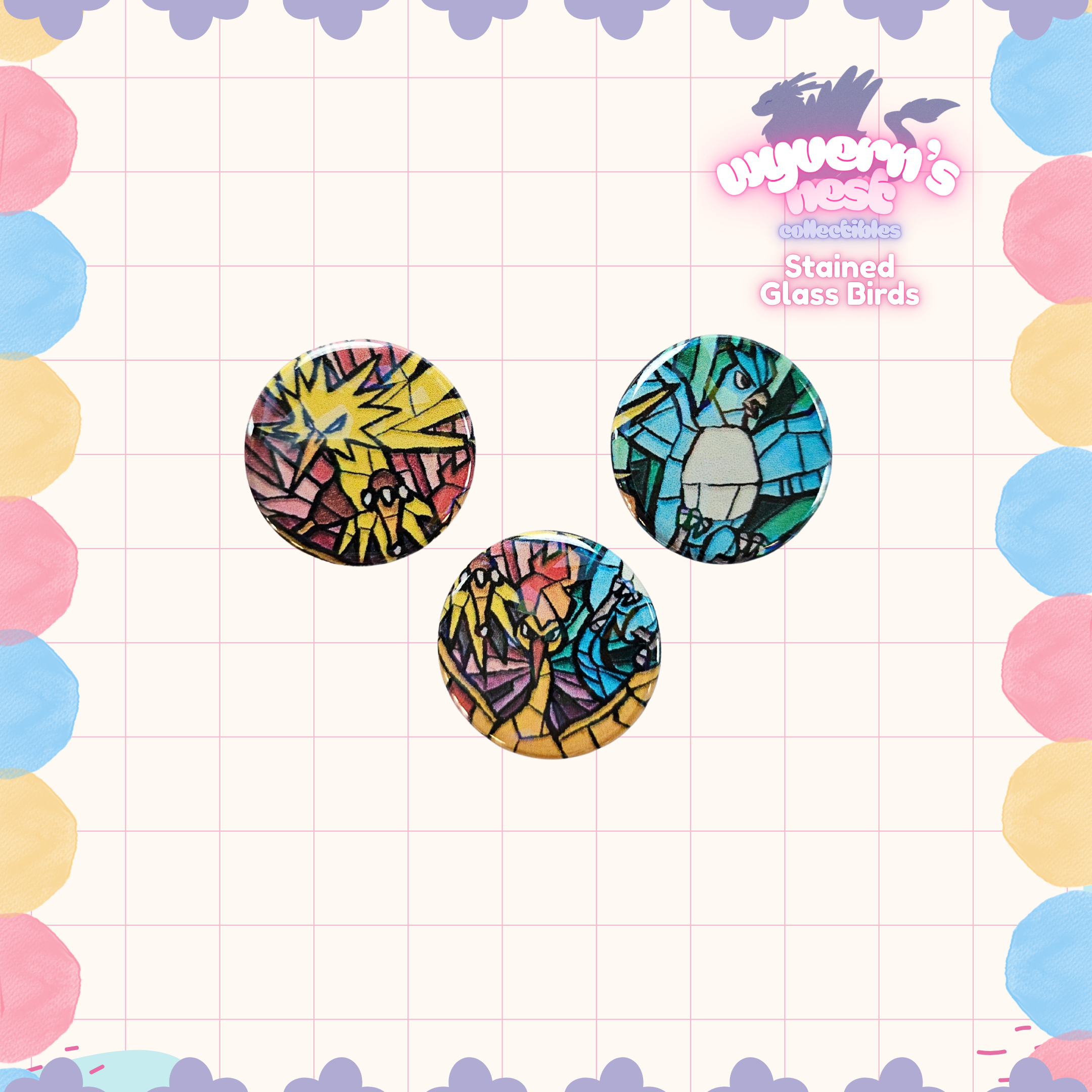 Colorful buttons with stained glass designs on a grid background with floral border