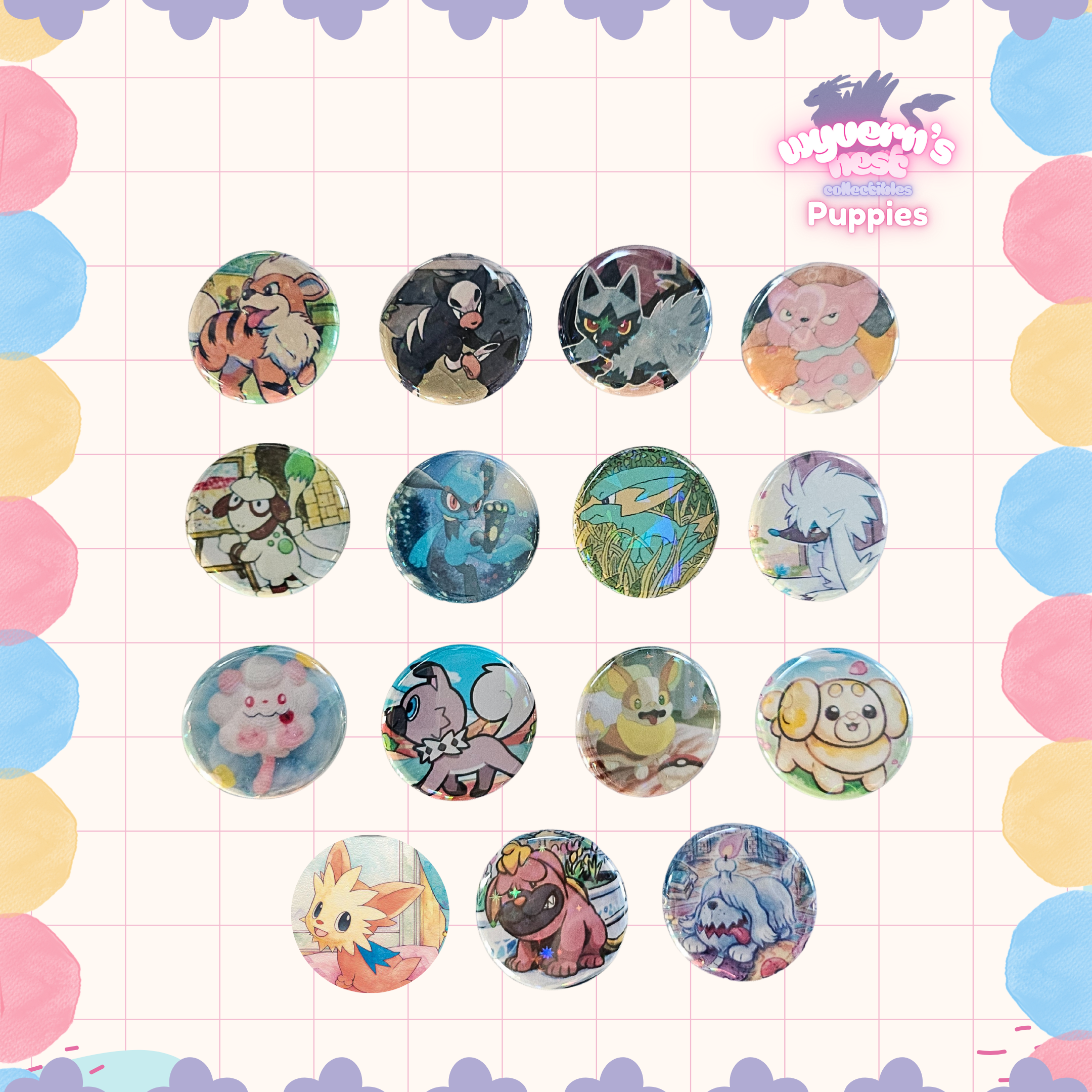 Set of colorful buttons with cartoon characters on a grid background
