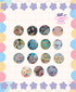 Set of colorful buttons with cartoon characters on a grid background