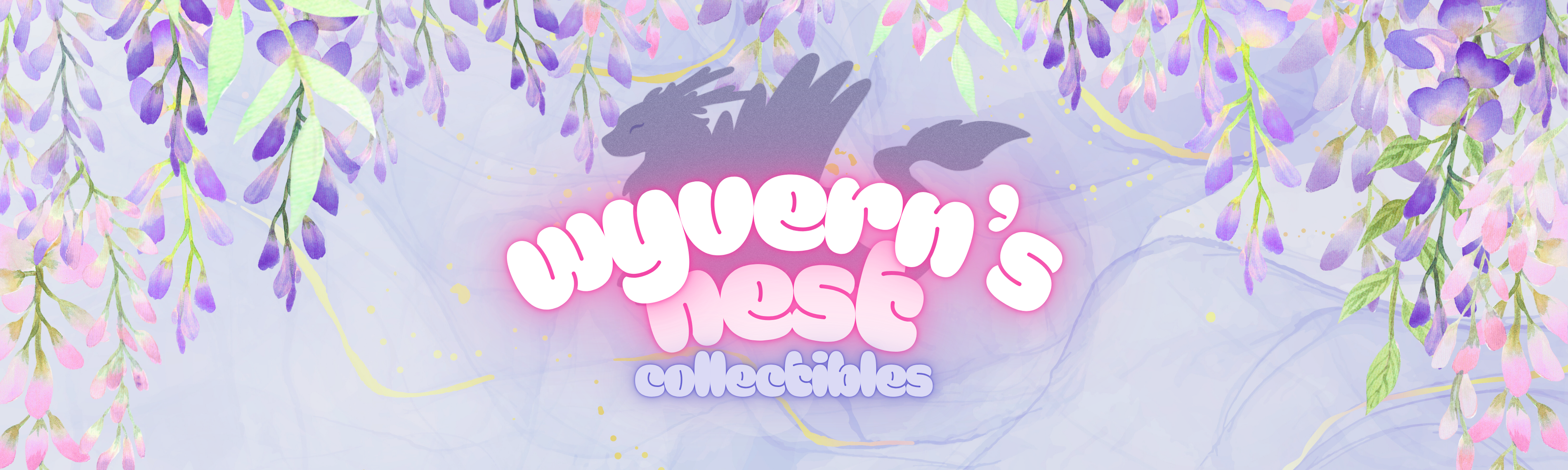 Banner with 'Wyvern's Nest Collectibles' text and wisteria flowers on a light purple background