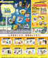 Collection of miniature drinks and food items with packaging on a blue and yellow background.