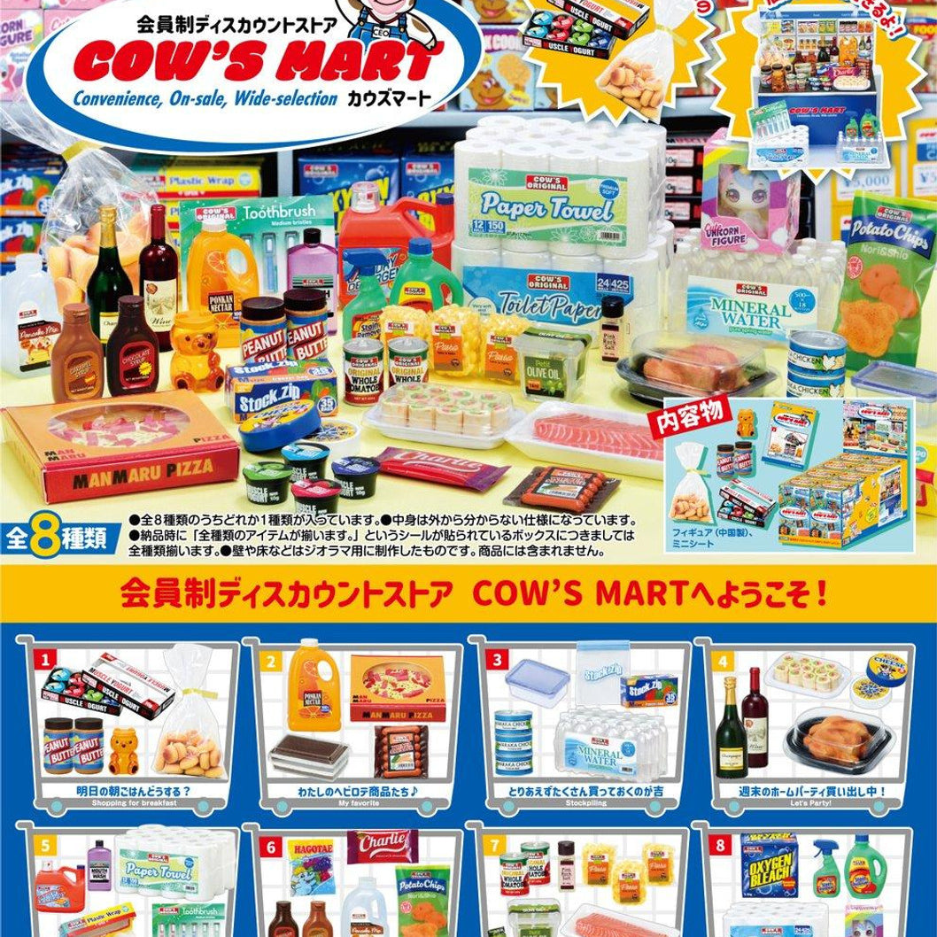Collection of toy groceries and products with Cow's Mart branding on a colorful background.