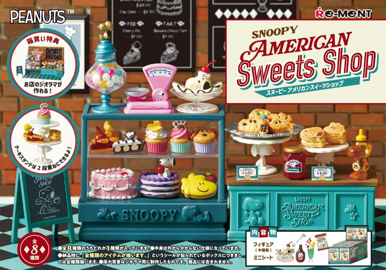 Model of a Snoopy American Sweets Shop with various miniature desserts and items on a wooden shelf.