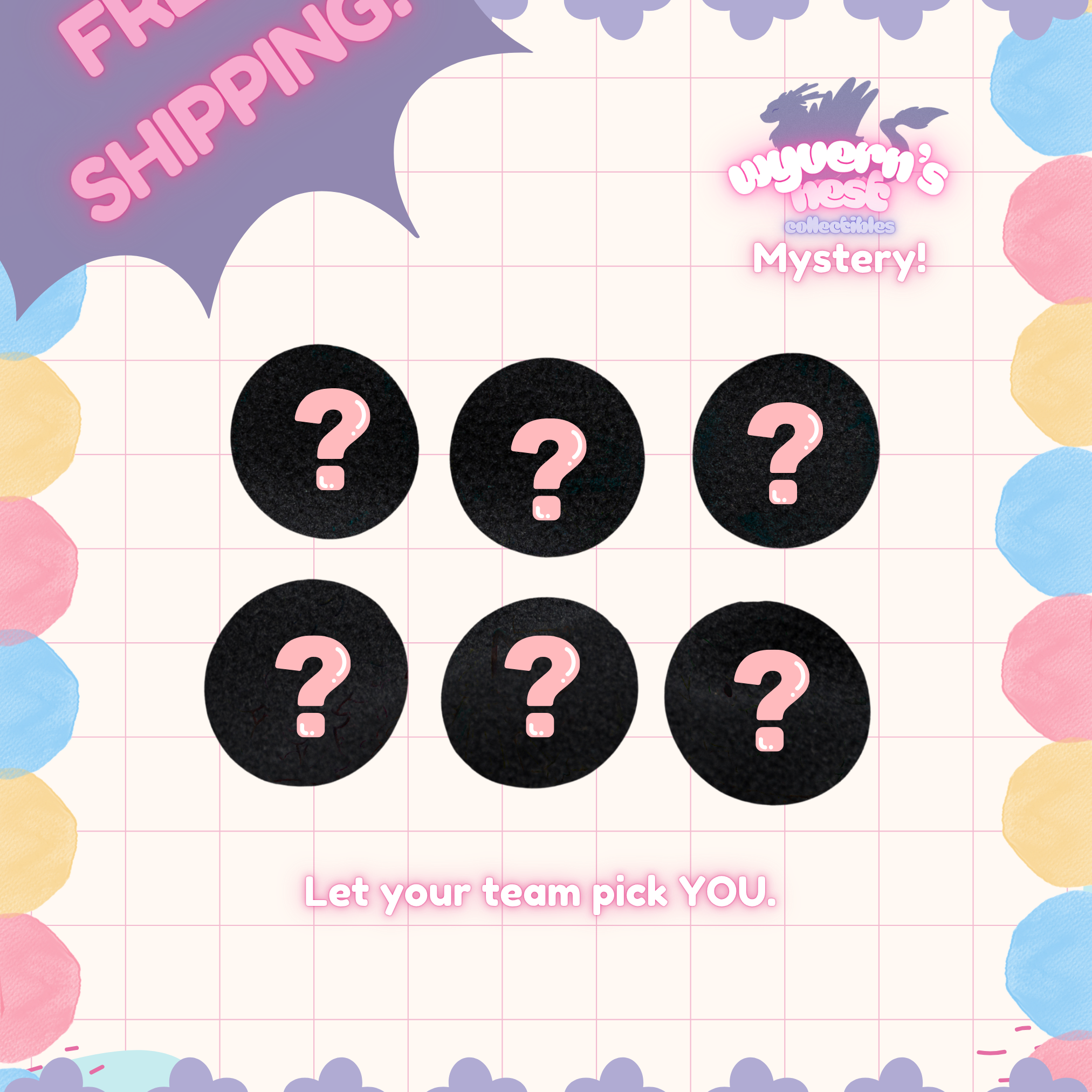 Promotional graphic with question mark stickers, free shipping text, and a colorful border on a grid background.