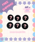 Promotional graphic with question mark stickers, free shipping text, and a colorful border on a grid background.