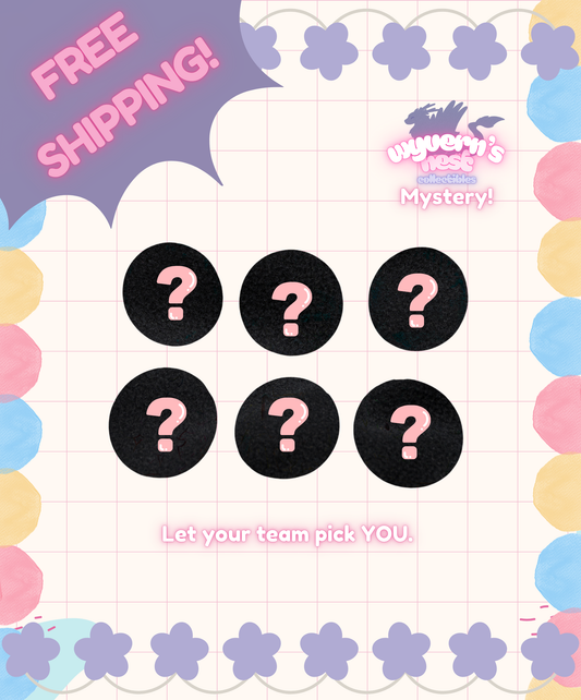 Promotional graphic with question mark stickers, free shipping text, and a colorful border on a grid background.